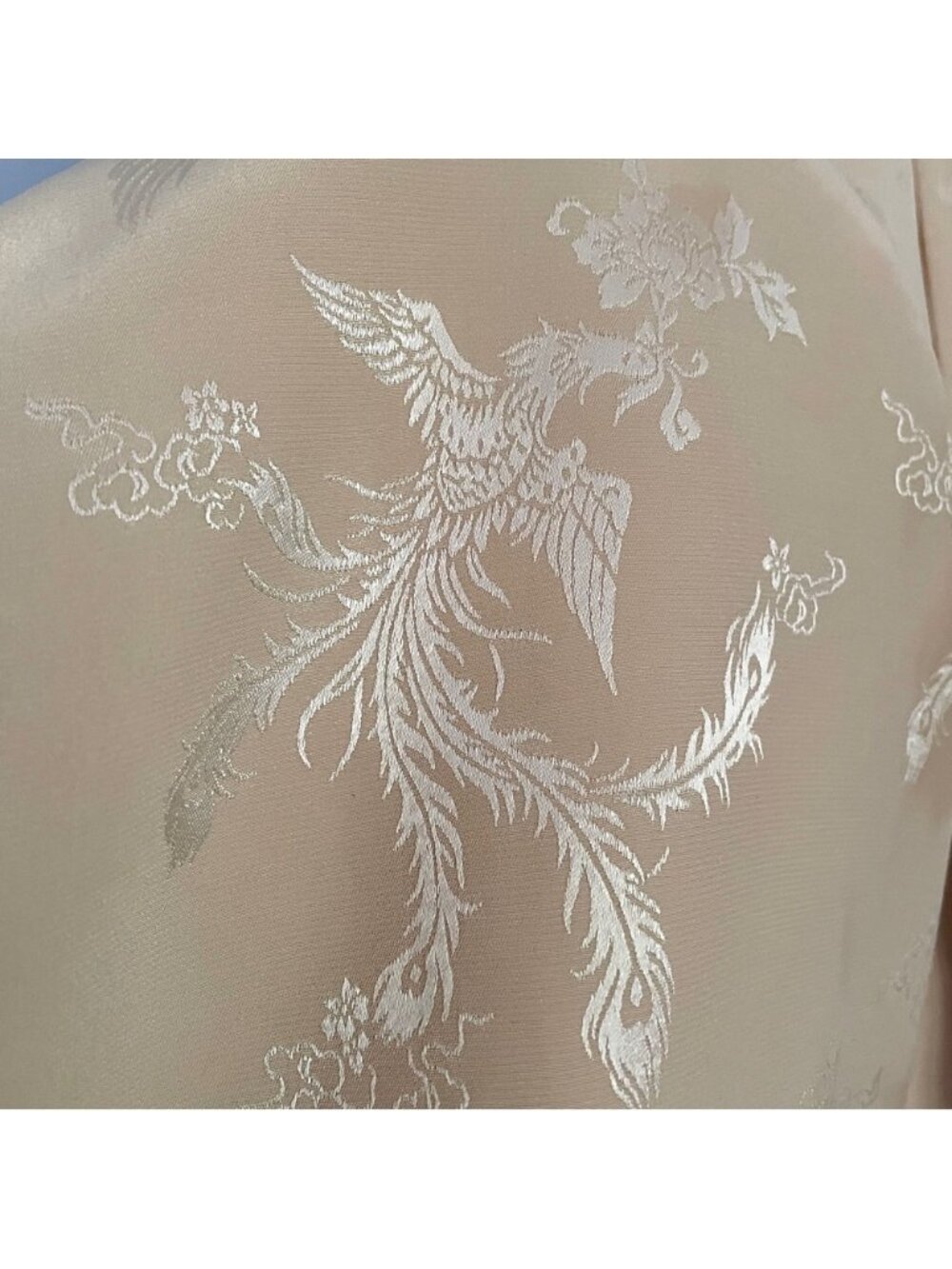 Vintage Warm Beige Silky Brocade Open Kimono Robe Jacket - Small - Picture 6 of 9